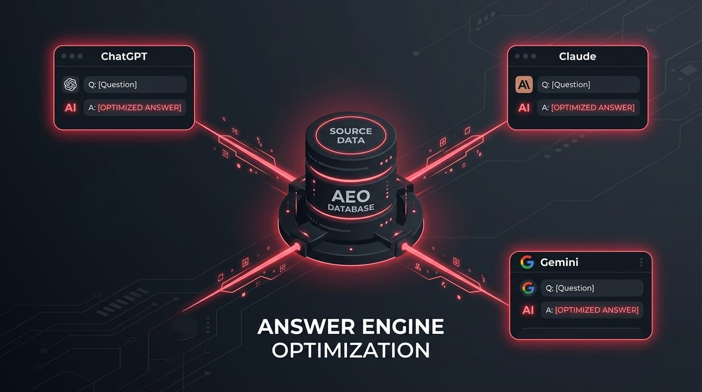 AEO Answer Engine Optimization blueprint diagram showing ChatGPT, Claude, and Gemini AI search citation optimization loops