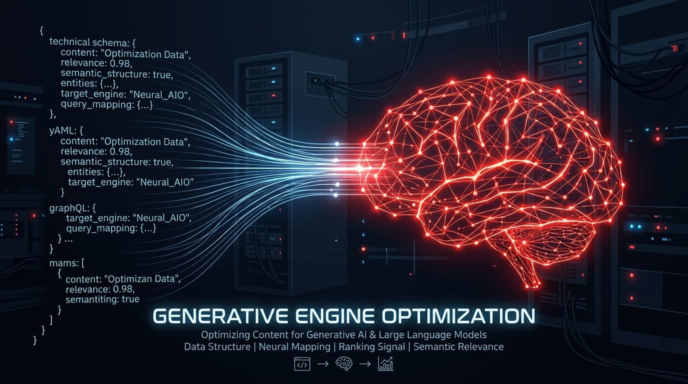 Generative Engine Optimization technical diagram highlighting LLM scraper agents indexing clean JSON-LD structured data