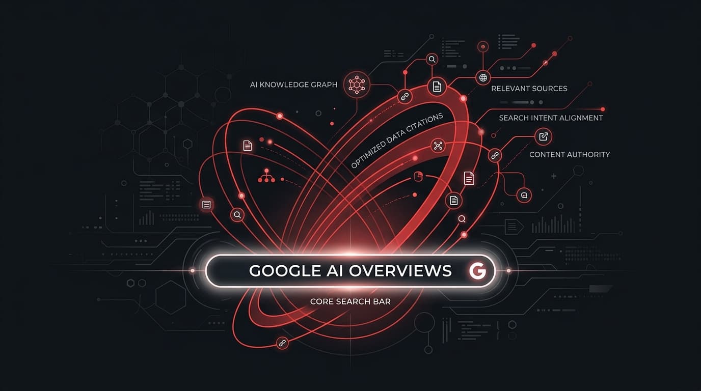 Google AI Overviews citation strategy schematic illustrating ranking factor clusters for SGE optimization