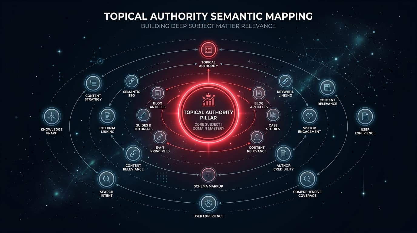 Semantic map showing topic cluster node routing for topical authority build