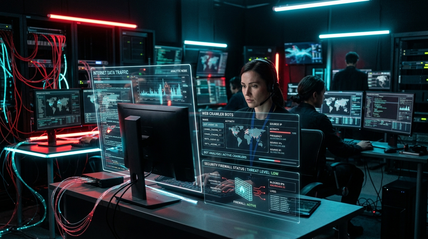 Security control room monitoring AI web crawlers and scraping firewalls