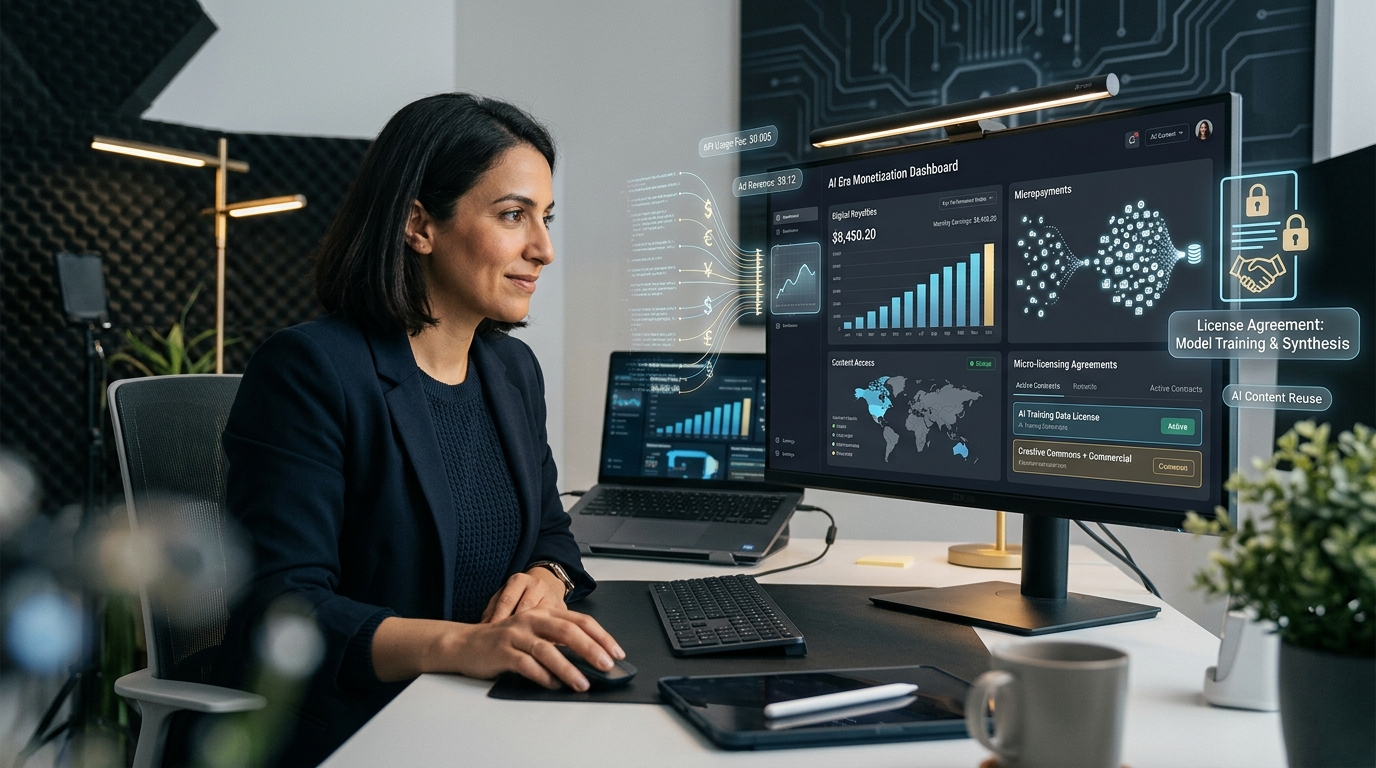 Creator analyzing AI content monetization dashboard and micro-licensing fees